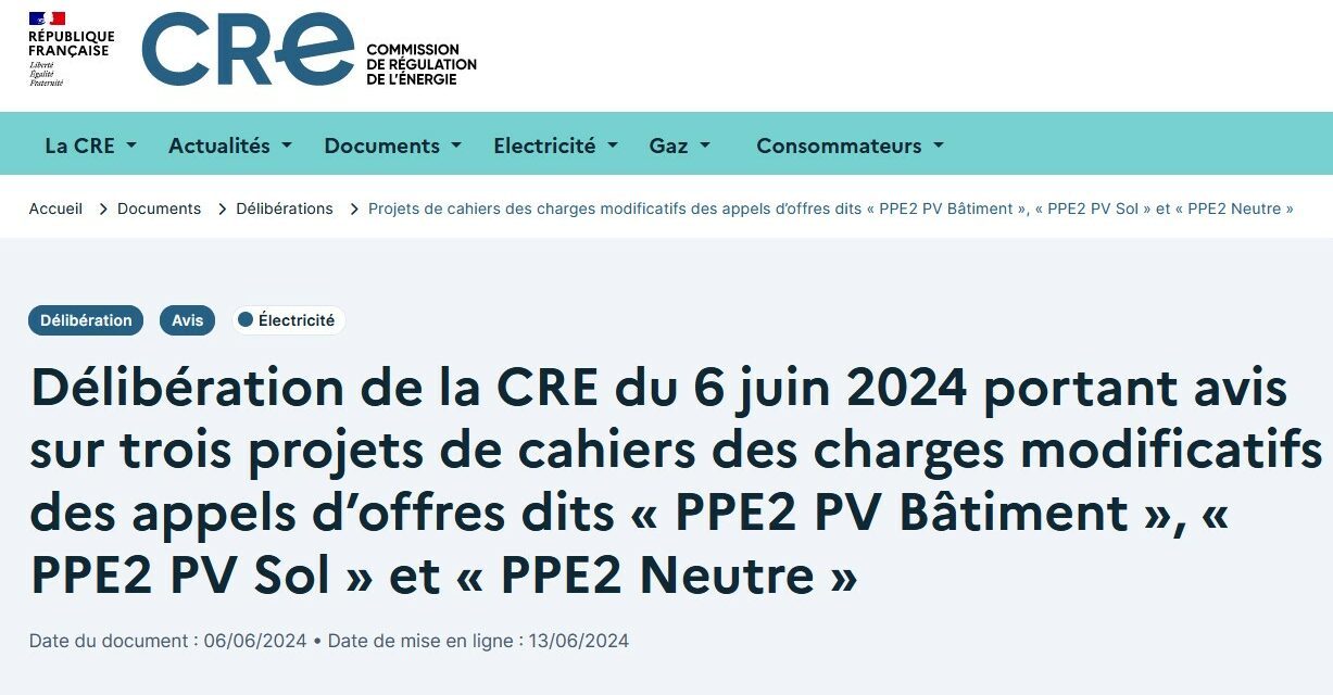 La CRE veut revoir les cahiers des charges PPE2 PV Bâtiment, PV Sol et Neutre