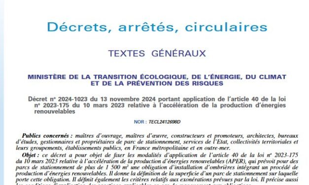 Publication du décret sur la solarisation obligatoire des parkings de plus de 1500 m2