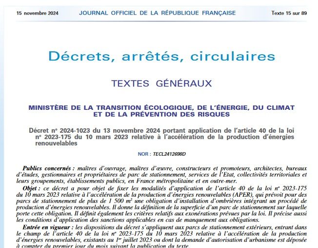 Publication du décret sur la solarisation obligatoire des parkings de plus de 1500 m2